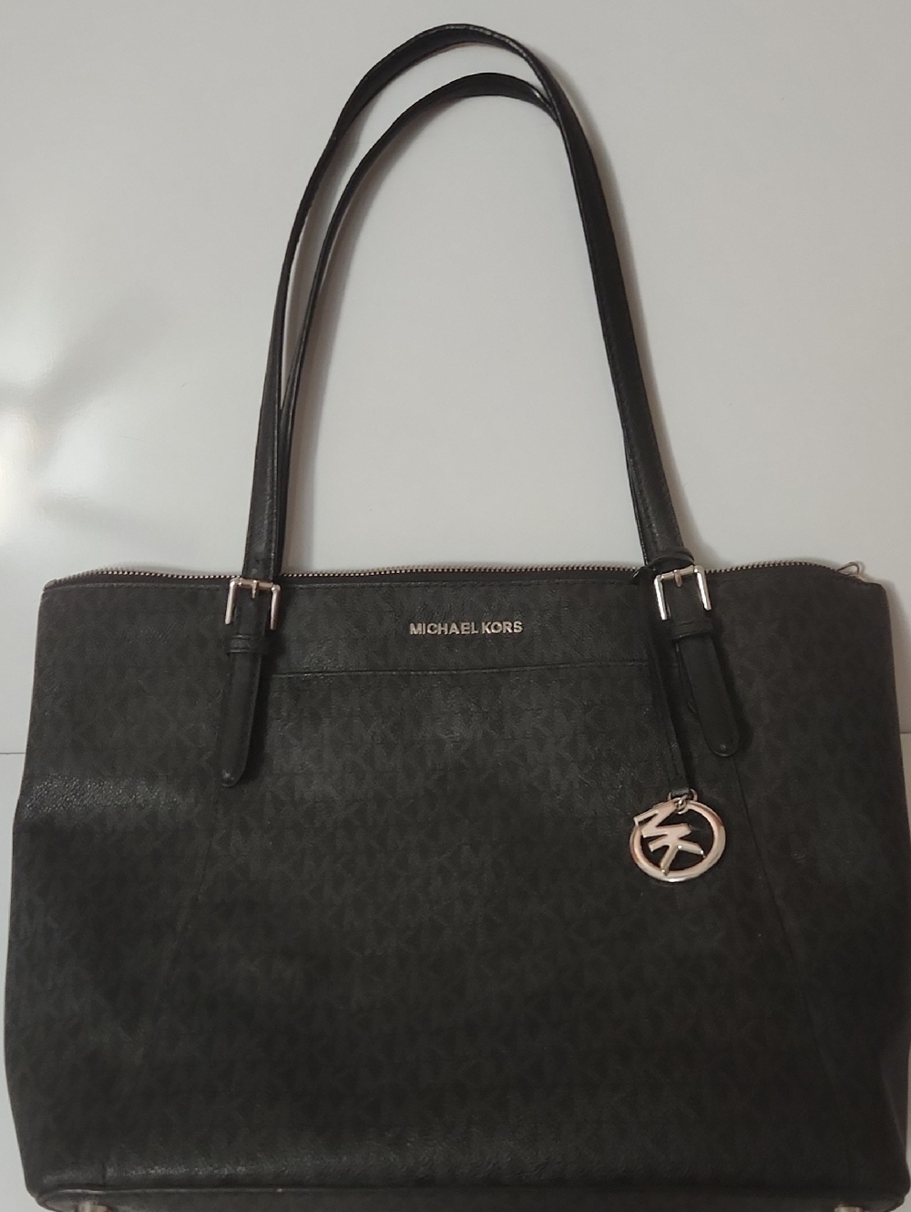 Michael Kors Black Logo Monogram Tote with MK Charm